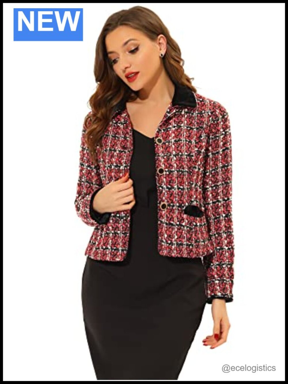 Women's Plaid Tweed Cropped Office Blazer Jacket Suit Coat